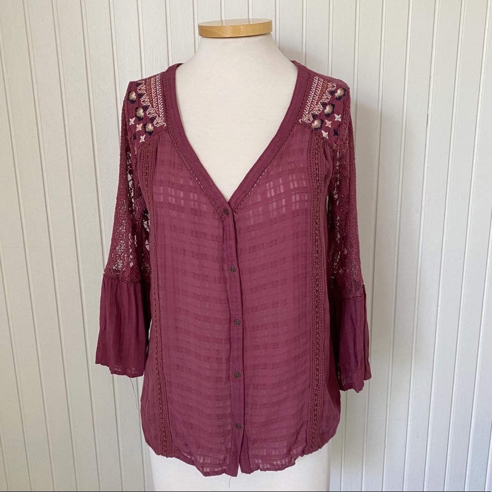 Knox Rose Boho Peasant 3/4 Sleeve Maroon Red Lace Shirt Top Size XS